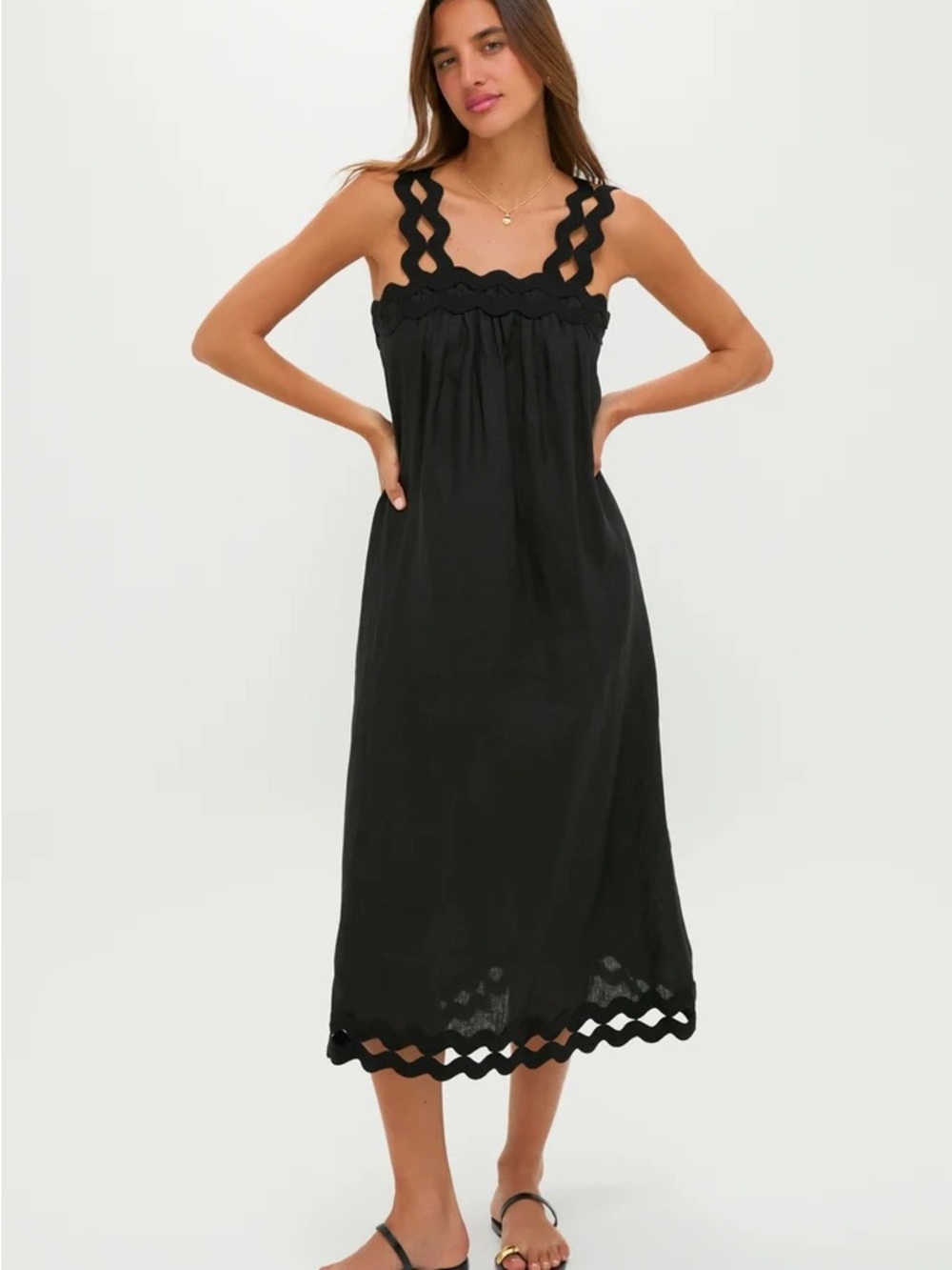 Black Sleeveless Scallop-Trim Midi Slip Dress - Picture 1 of 3